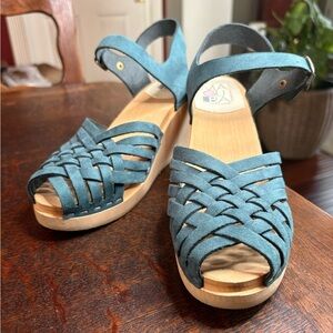 Maguba ‘Barcelona’ Swedish Clog Sandals Blue/Green ‘petrol blue’ suede. Size 39